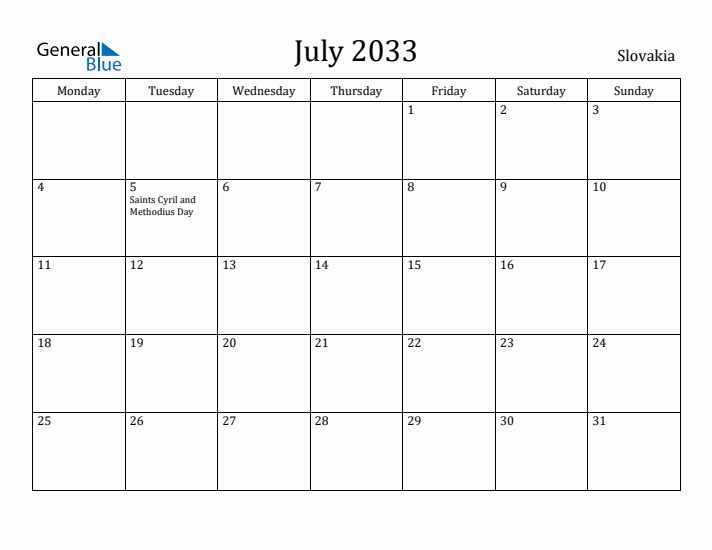 July 2033 Calendar Slovakia