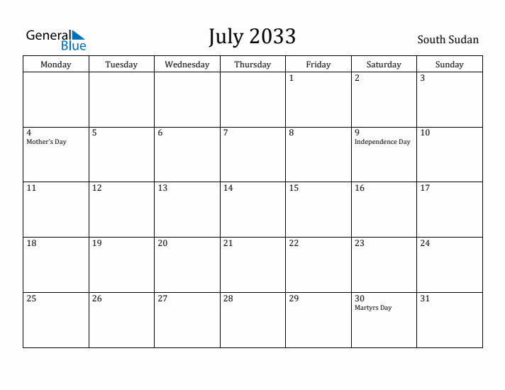July 2033 Calendar South Sudan