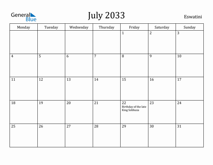 July 2033 Calendar Eswatini