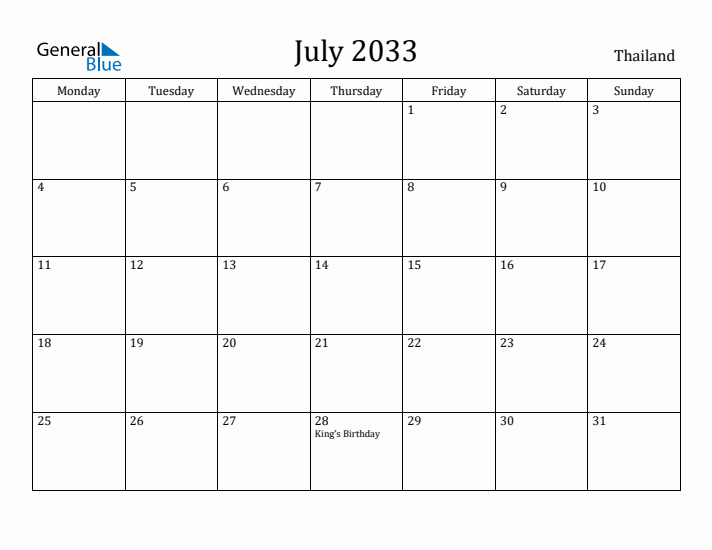 July 2033 Calendar Thailand
