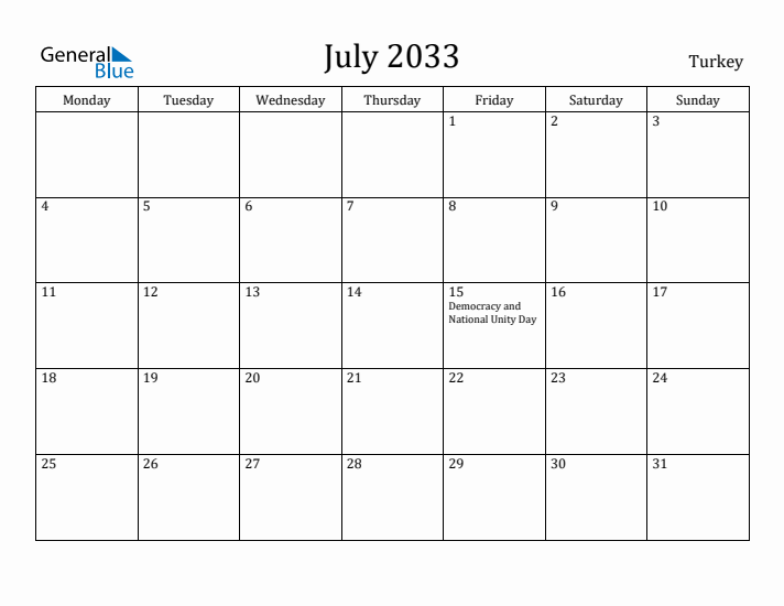 July 2033 Calendar Turkey