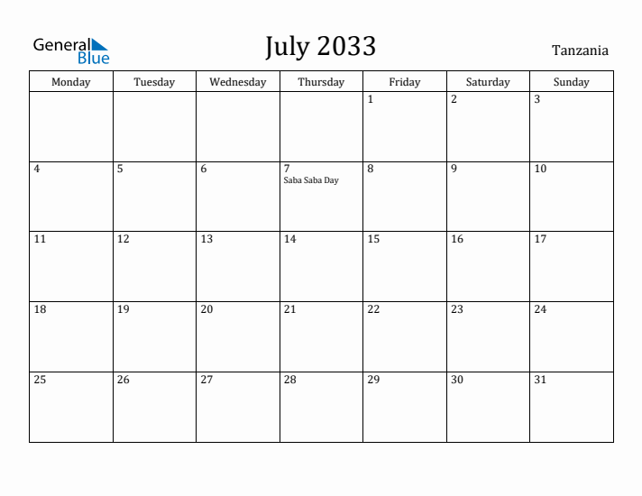 July 2033 Calendar Tanzania
