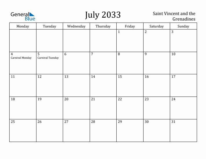 July 2033 Calendar Saint Vincent and the Grenadines