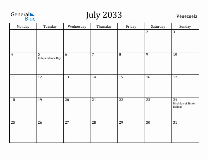 July 2033 Calendar Venezuela
