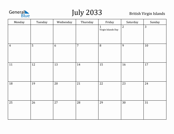 July 2033 Calendar British Virgin Islands