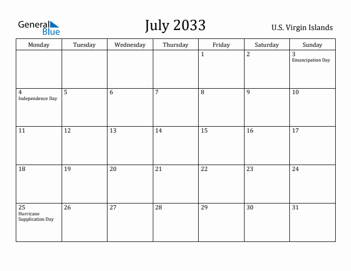 July 2033 Calendar U.S. Virgin Islands