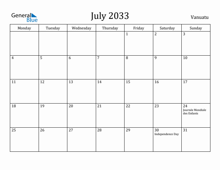 July 2033 Calendar Vanuatu