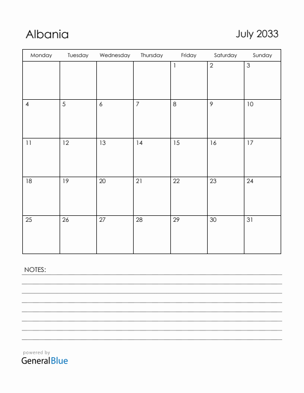 July 2033 Albania Calendar with Holidays (Monday Start)