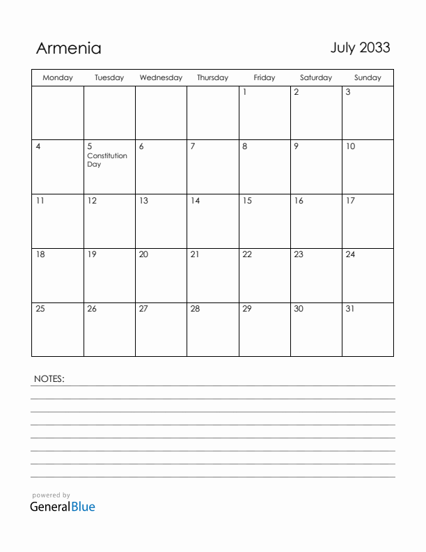 July 2033 Armenia Calendar with Holidays (Monday Start)