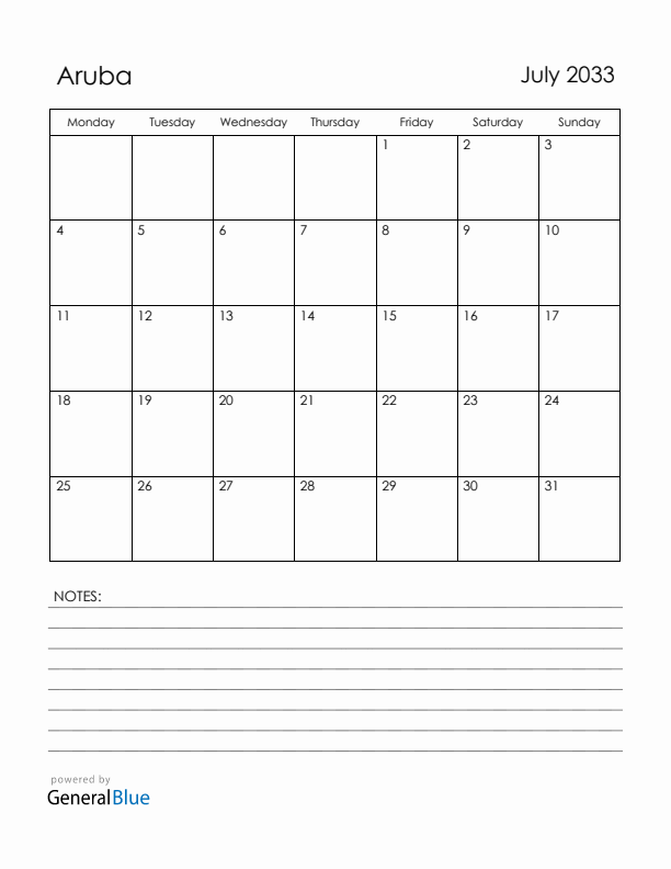 July 2033 Aruba Calendar with Holidays (Monday Start)