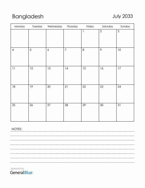 July 2033 Bangladesh Calendar with Holidays (Monday Start)