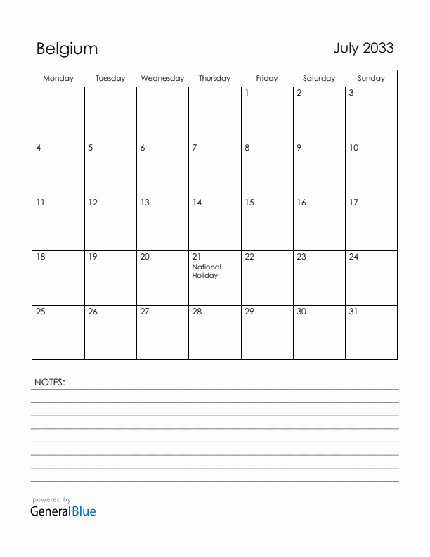 July 2033 Belgium Calendar with Holidays (Monday Start)