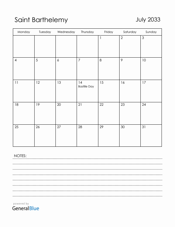 July 2033 Saint Barthelemy Calendar with Holidays (Monday Start)