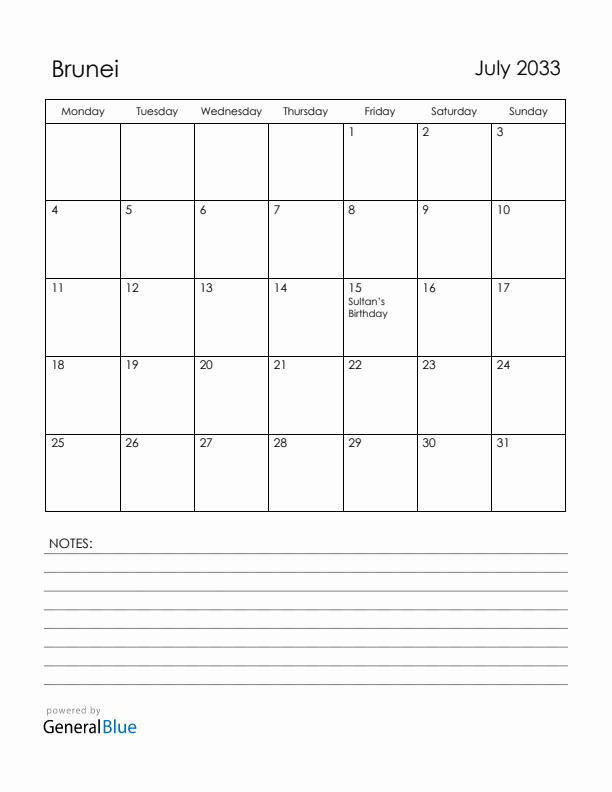 July 2033 Brunei Calendar with Holidays (Monday Start)