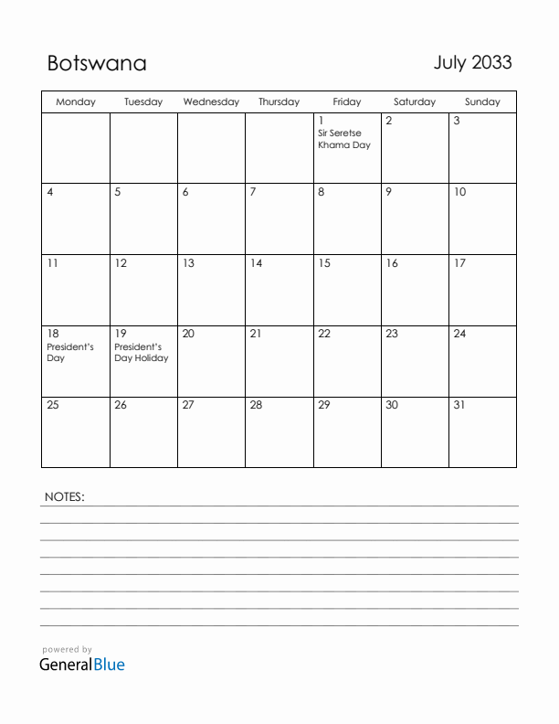 July 2033 Botswana Calendar with Holidays (Monday Start)