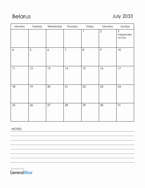 July 2033 Belarus Calendar with Holidays (Monday Start)