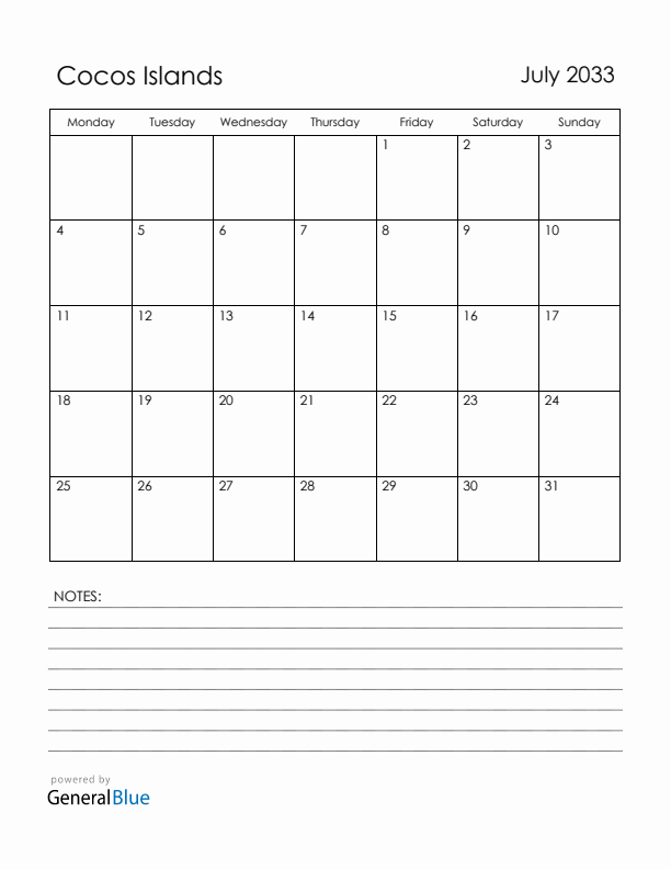 July 2033 Cocos Islands Calendar with Holidays (Monday Start)