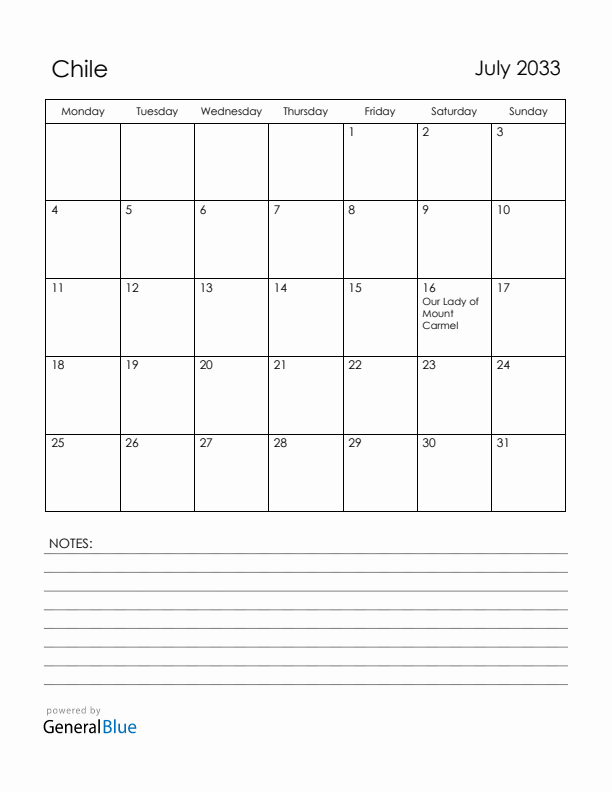 July 2033 Chile Calendar with Holidays (Monday Start)