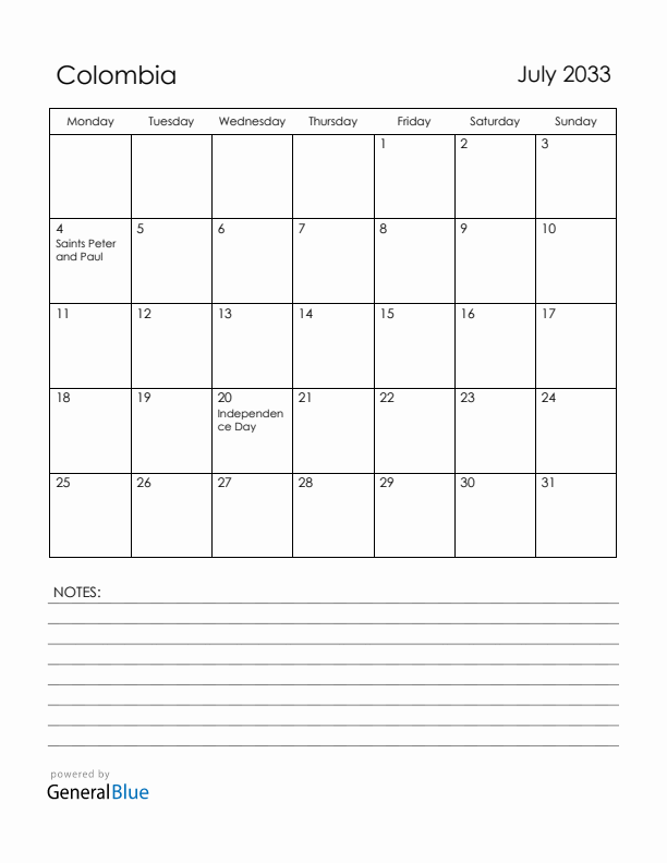 July 2033 Colombia Calendar with Holidays (Monday Start)