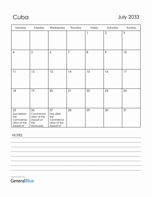 July 2033 Cuba Calendar with Holidays (Monday Start)