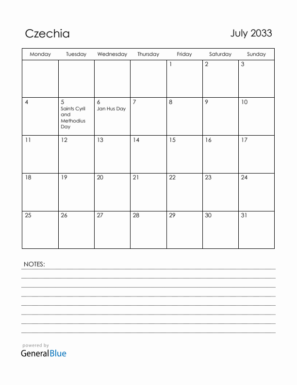July 2033 Czechia Calendar with Holidays (Monday Start)