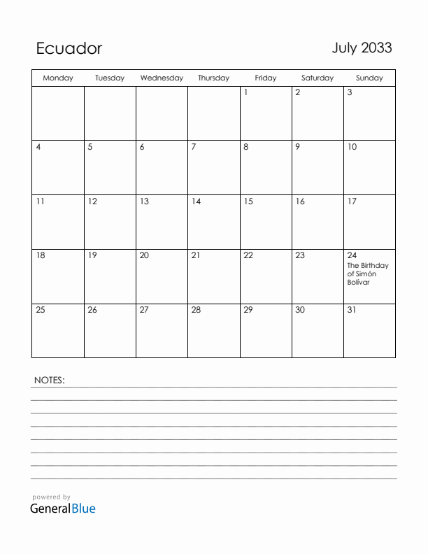 July 2033 Ecuador Calendar with Holidays (Monday Start)