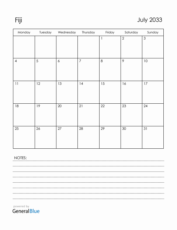 July 2033 Fiji Calendar with Holidays (Monday Start)