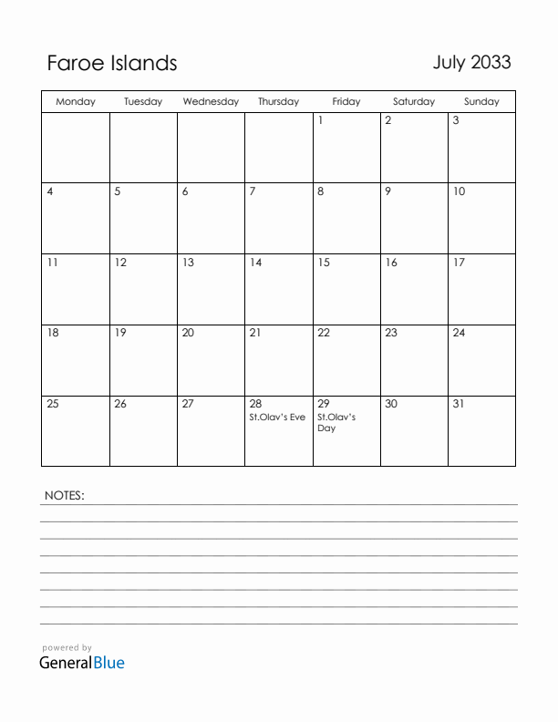 July 2033 Faroe Islands Calendar with Holidays (Monday Start)