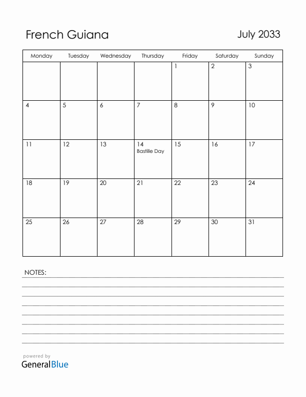 July 2033 French Guiana Calendar with Holidays (Monday Start)
