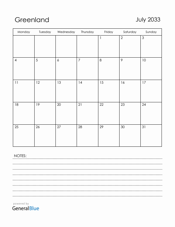 July 2033 Greenland Calendar with Holidays (Monday Start)