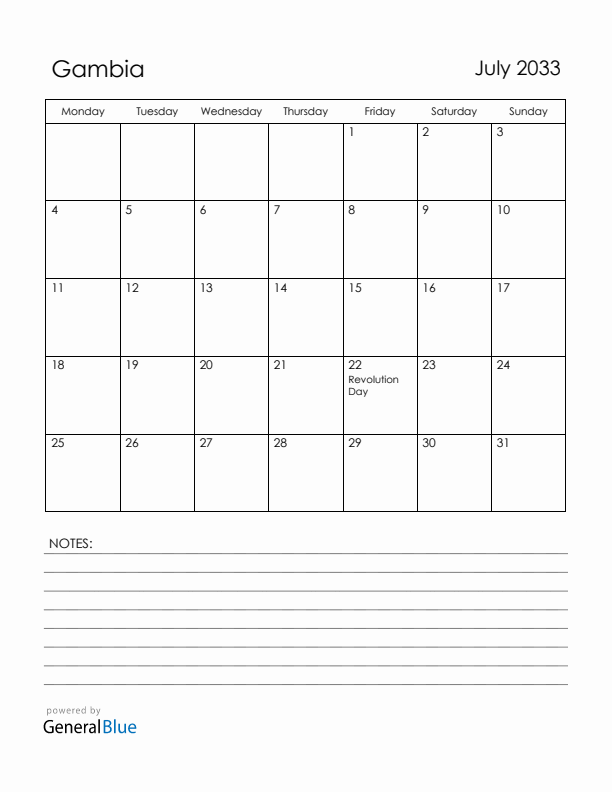 July 2033 Gambia Calendar with Holidays (Monday Start)