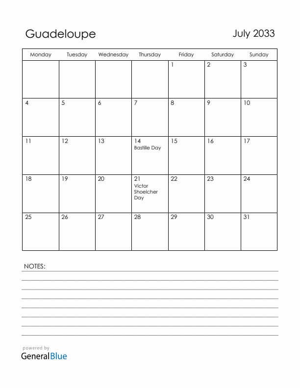 July 2033 Guadeloupe Calendar with Holidays (Monday Start)