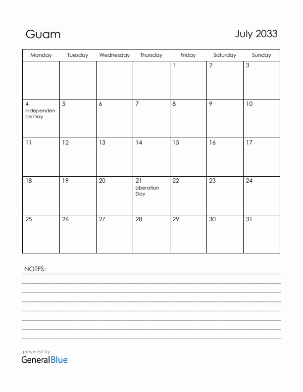 July 2033 Guam Calendar with Holidays (Monday Start)