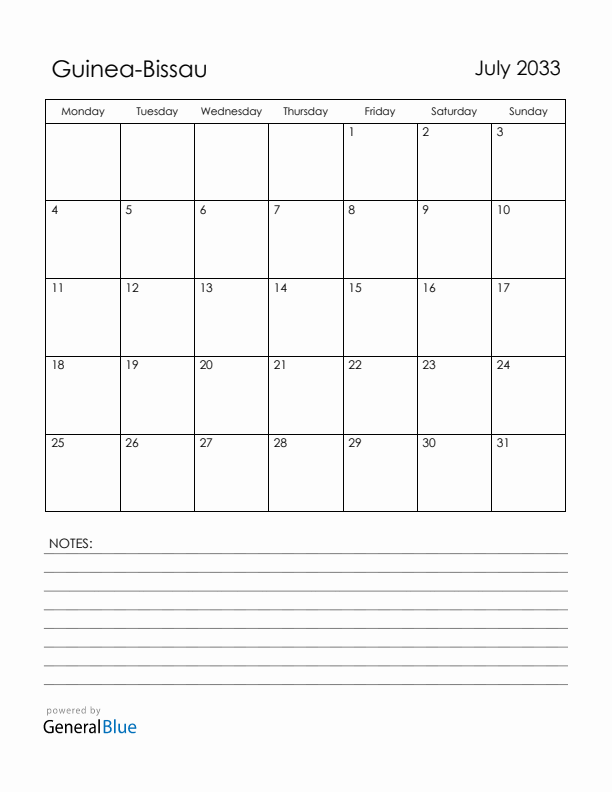 July 2033 Guinea-Bissau Calendar with Holidays (Monday Start)