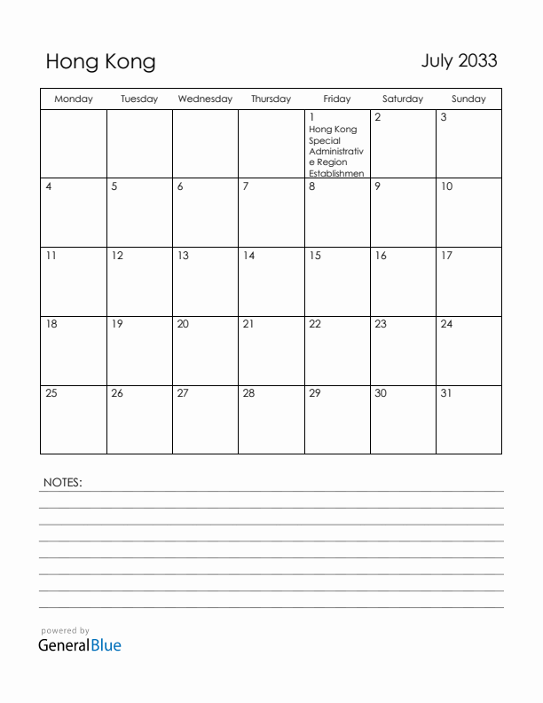 July 2033 Hong Kong Calendar with Holidays (Monday Start)