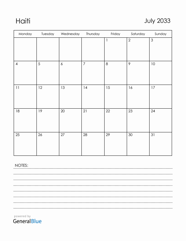 July 2033 Haiti Calendar with Holidays (Monday Start)