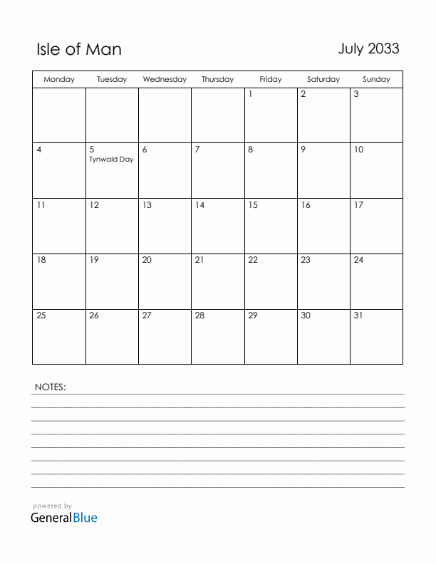 July 2033 Isle of Man Calendar with Holidays (Monday Start)