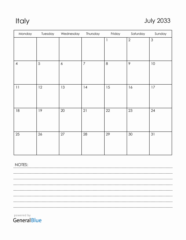 July 2033 Italy Calendar with Holidays (Monday Start)