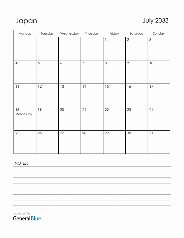July 2033 Japan Calendar with Holidays (Monday Start)