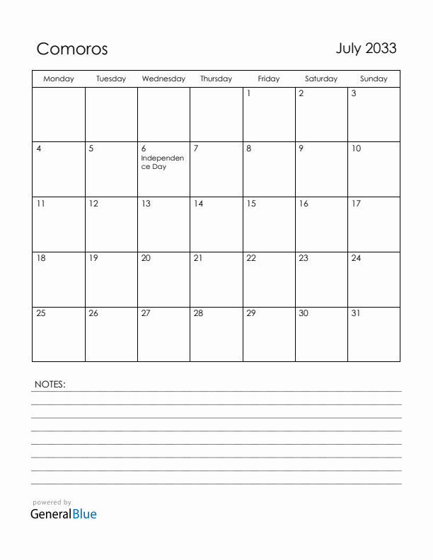 July 2033 Comoros Calendar with Holidays (Monday Start)