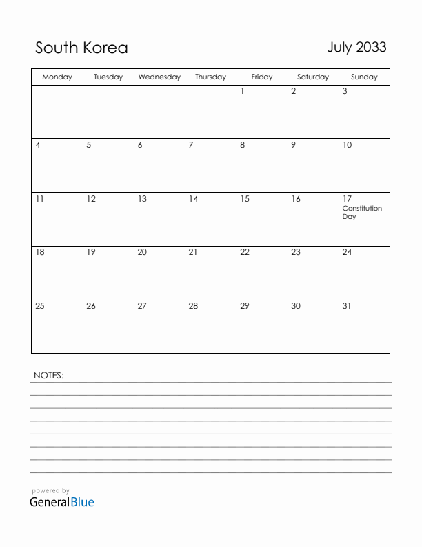 July 2033 South Korea Calendar with Holidays (Monday Start)
