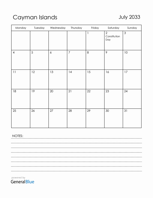 July 2033 Cayman Islands Calendar with Holidays (Monday Start)