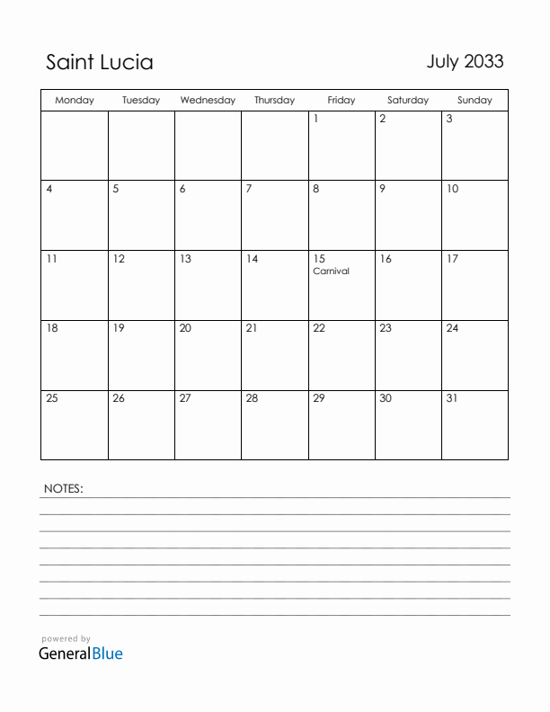 July 2033 Saint Lucia Calendar with Holidays (Monday Start)