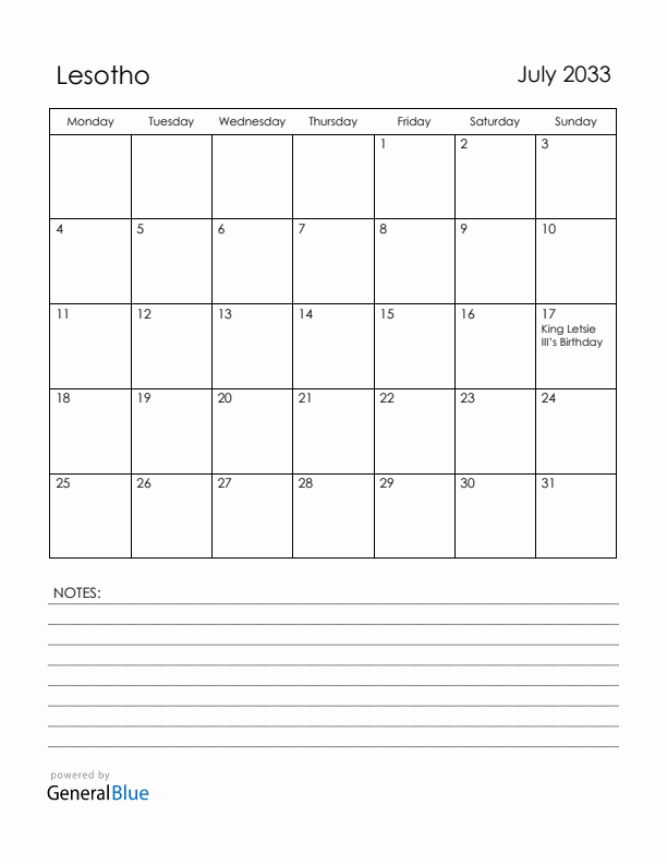 July 2033 Lesotho Calendar with Holidays (Monday Start)