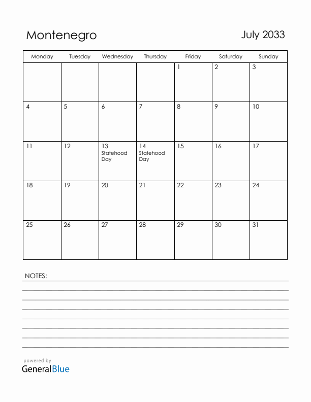 July 2033 Montenegro Calendar with Holidays (Monday Start)