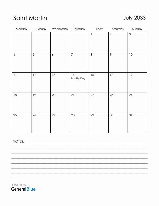 July 2033 Saint Martin Calendar with Holidays (Monday Start)