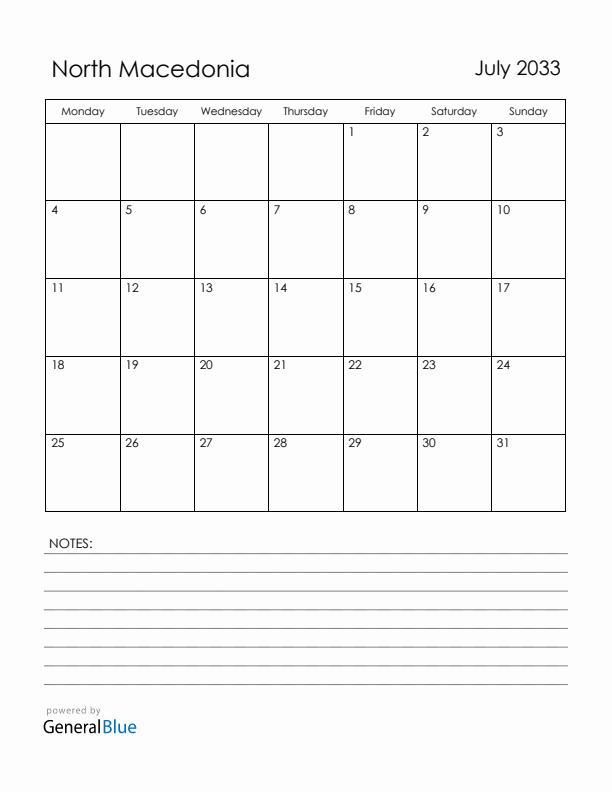 July 2033 North Macedonia Calendar with Holidays (Monday Start)