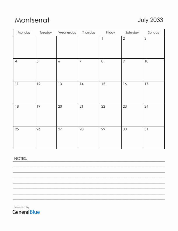 July 2033 Montserrat Calendar with Holidays (Monday Start)