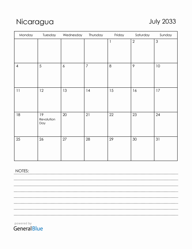July 2033 Nicaragua Calendar with Holidays (Monday Start)
