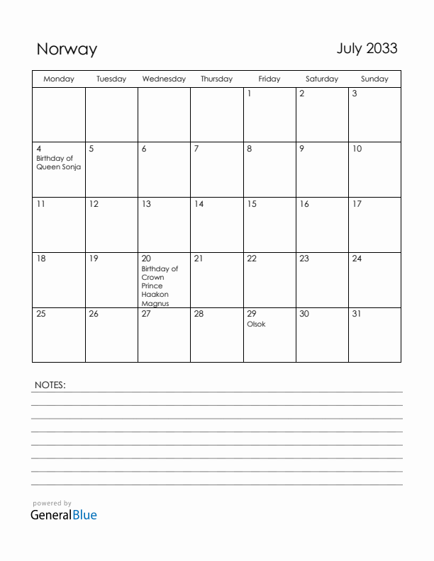 July 2033 Norway Calendar with Holidays (Monday Start)